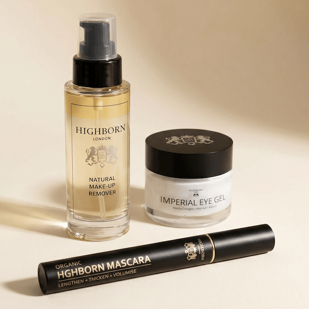 HIGHBORN The Eye Ritual — Mascara, Eye Gel and Make-Up Remover set on warm ivory background