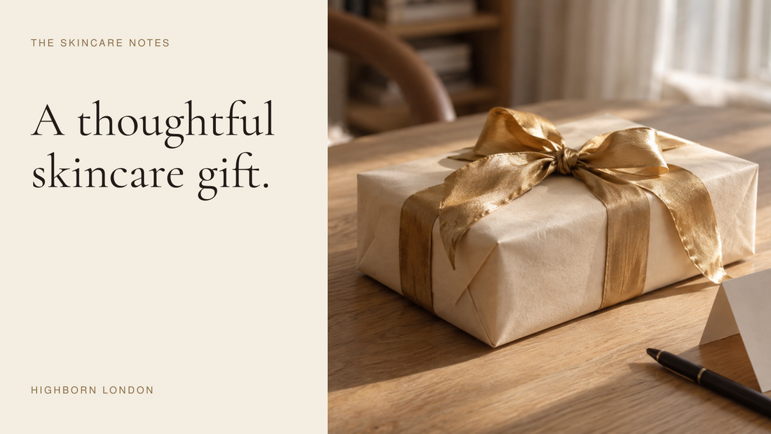 A thoughtful skincare gift. A cream paper-wrapped gift with a gold ribbon.