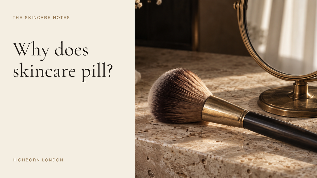 Why does skincare pill? A makeup brush beside a small mirror.
