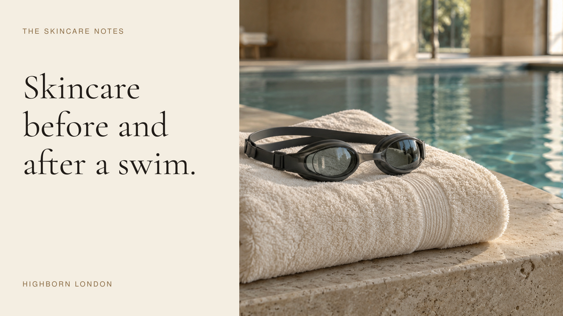 Skincare before and after a swim. A towel and swimming goggles beside a pool.