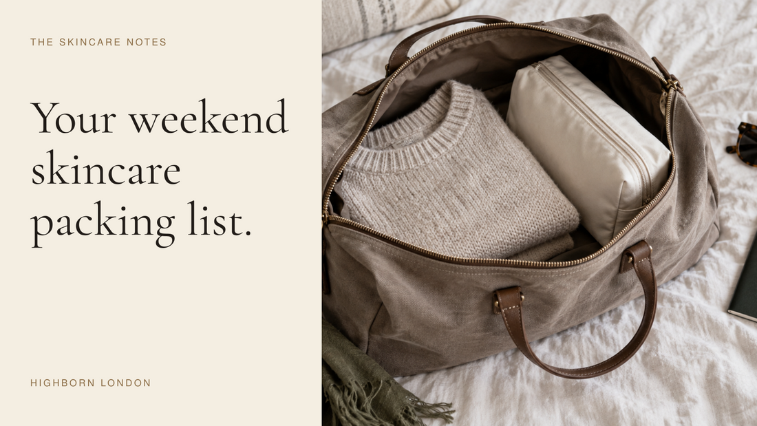Your weekend skincare packing list. A weekend bag with a wash bag and folded knitwear.