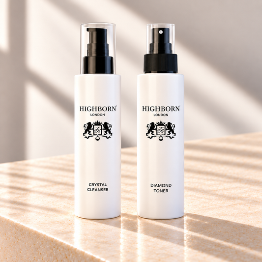 Crystal Cleanser and Diamond Toner 100ml bottles — styled product image